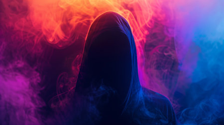 Mysterious Figure in Cloak Surrounded by Colorful Smoke at Nightの素材