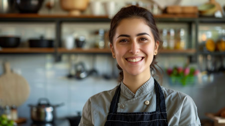 Young Chef Smiling in Modern Kitchen While Holding Ingredients for Culinary Creationの素材