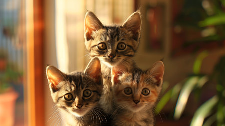 Three Playful Kittens Sitting Together in Sunlit Indoor Space During Afternoonの素材