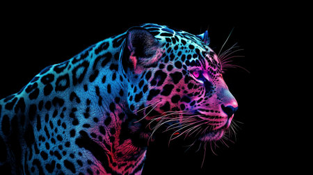 Majestic Leopard Stands Proudly Against a Dark Background With Vibrant Neon Colorsの素材