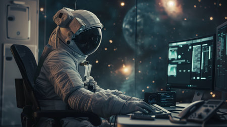Astronaut Working at Control Station Surrounded by Stars and Planets in Deep Spaceの素材