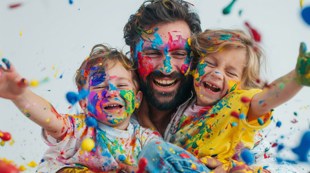 Joyful Family Paint Day at Home With Kids in Colorful Clothingの素材