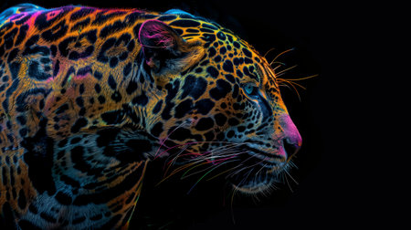 Colorful Artistic Representation of a Jaguar Against a Black Background at Nightの素材