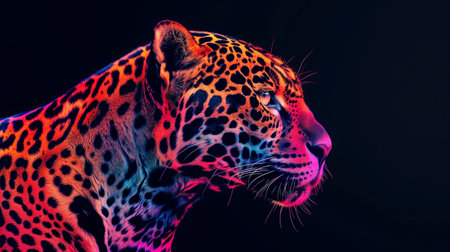 Vivid Portrait of a Colorful Jaguar Against a Dark Background at Nightの素材