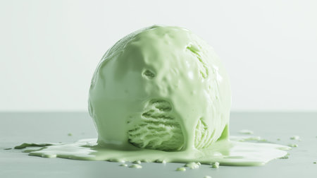 A Melting Scoop of Mint Green Ice Cream on a Gray Surfaceの素材
