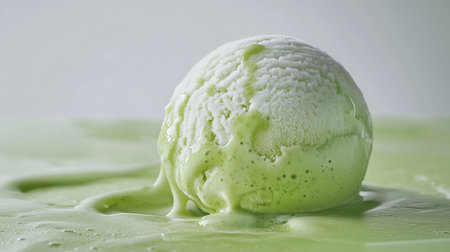 Melting Green Ice Cream Scoop on a White Surface During a Warm Afternoonの素材