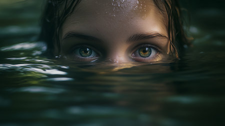 Captivating Close-Up of Eyes Emerging From Water Surrounded by Nature During Bright Daylightの素材