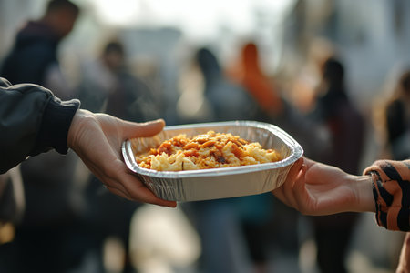 Community Members Sharing Warm Meals During Outreach Event in Outdoor Urban Settingの素材
