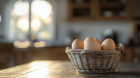 Fresh Brown Eggs Sitting in a Woven Basket on a Wooden Table at Duskの素材