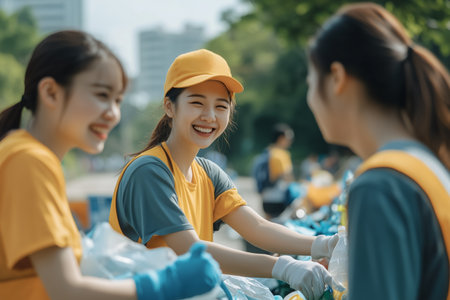 Young Volunteers Cleaning Up City Park on a Sunny Day in Septemberの素材
