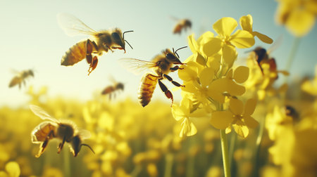 Bees Pollinating Bright Yellow Flowers in a Vibrant Field During Golden Hour Sunshineの素材