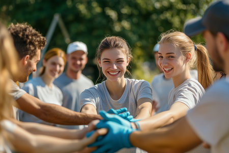 Community Volunteers Engaging in Team-Building Activity at Local Park During Sunny Afternoonの素材