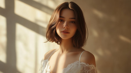 Soft Natural Light Illuminates Young Woman With Short Hair in Intimate Settingの素材
