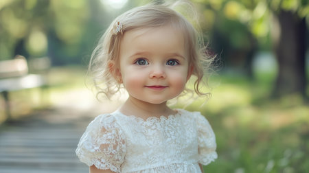 Charming Young Girl Smiling in a Bright Green Park During a Sunny Dayの素材