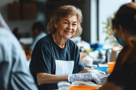 Elderly Woman Smiling While Assisting in Community Kitchen During Busy Lunchtime Serviceの素材