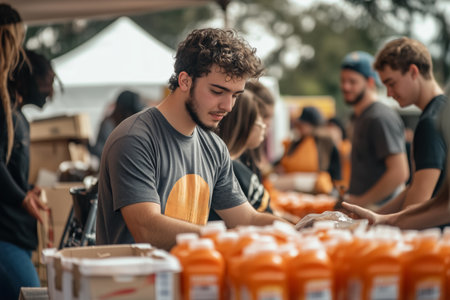 Young Volunteers Organizing Goods at a Community Event Under a Sunny Skyの素材