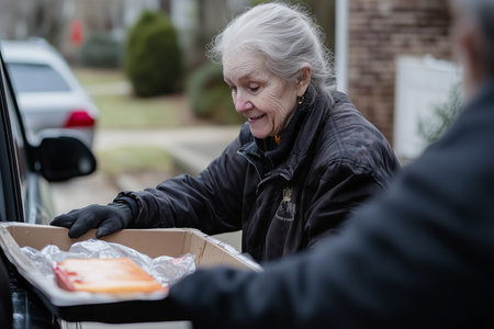 Elderly Woman Delivering Homemade Food to Neighbors During Cold Winter Dayの素材