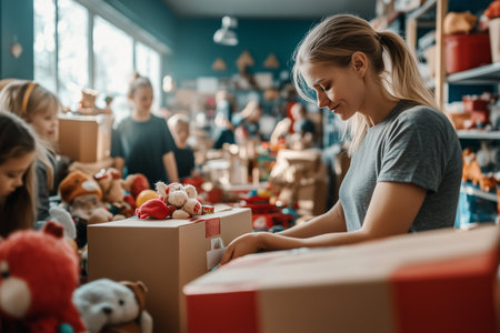 Volunteer Group Organizing Toy Donations for Children in Community Center on a Sunny Afternoonの素材