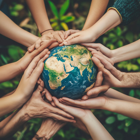 A Group of Diverse Hands Supporting a Small Globe Surrounded by Greenery in Bright Daylightの素材