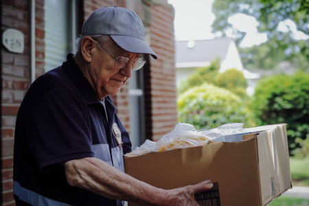Elderly Man Delivering Supplies to His Home During Sunny Afternoon in Suburban Neighborhoodの素材