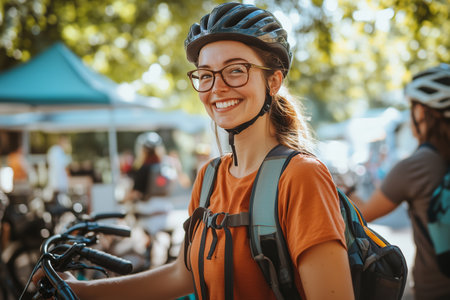 Joyful Bicyclist Wearing Safety Helmet and Glasses at Outdoor Event in Sunny Afternoonの素材
