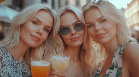Three Friends Enjoying Colorful Cocktails at a Vibrant Outdoor CafÃ© on a Sunny Dayの素材