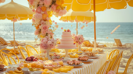 Beautiful Beachside Picnic Celebration With Floral Decorations and Delicious Food in Bright Yellow Umbrellasの素材