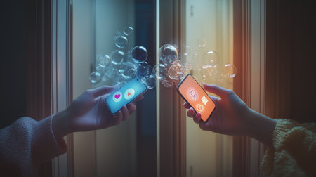 Two Hands Holding Smartphones With Bubbles in a Dimly Lit Corridor at Nightの素材