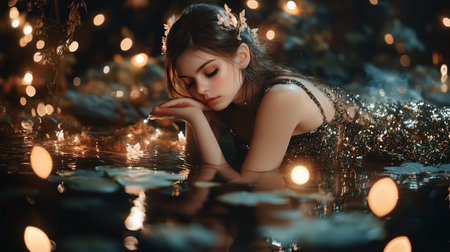 Enchanting Evening Reflection of Woman in Sparkling Dress Surrounded by Water Lilies and Fairy Lightsの素材