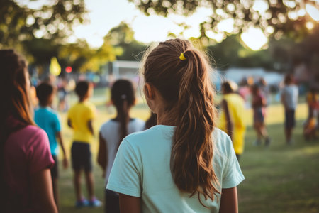 Children Participating in a Playful Sports Activity During Golden Hour at a Local Parkの素材
