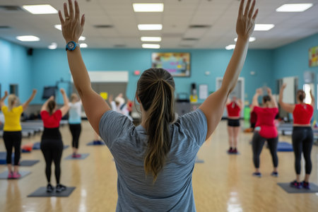 Group Fitness Class in Community Center With Participants Engaging in Exercise Routineの素材