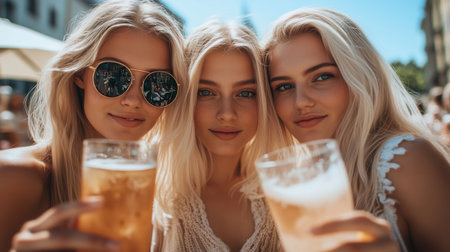 Three Friends Enjoying Refreshing Drinks Together at a Sunny Outdoor CafÃ© in Summerの素材