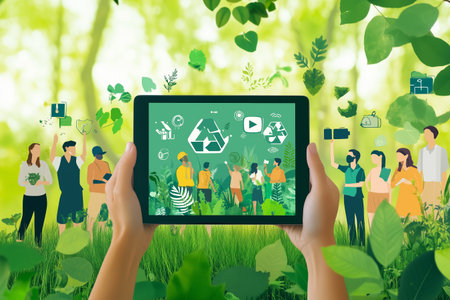 People Engaging With Digital Technology in Nature While Promoting Environmental Awareness and Sustainability Efforts During Daylight Hoursの素材