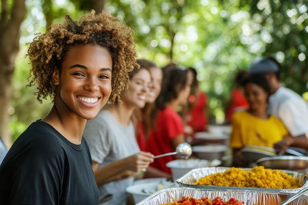 Community Gathering Celebrating Diversity Through Shared Food and Smiles in a Park Settingの素材