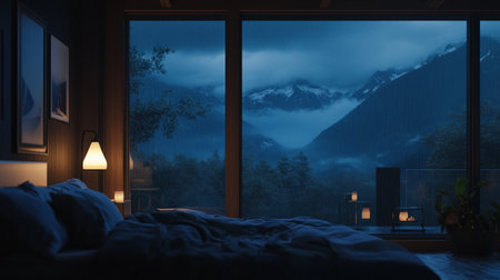 Cozy Mountain Bedroom With Spectacular View During Twilight Hoursの素材