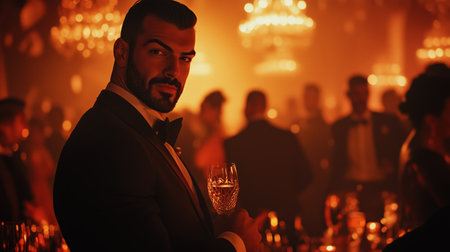 Elegant Gala Evening With Guests Enjoying Drinks in a Lavishly Decorated Ballroomの素材