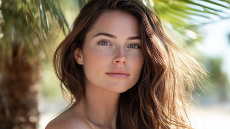 Young Woman Smiling Naturally Under Palm Trees at a Sunny Beachの素材