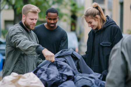 Community Members Sorting Winter Clothing Donations on a Cool Afternoon in the Urban Neighborhoodの素材