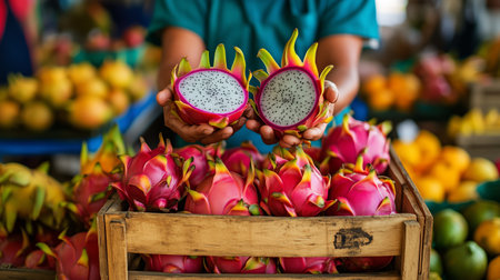 Colorful Market Display of Freshly Cut Dragon Fruits in Hand at Local Marketplaceの素材