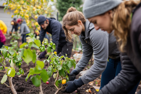 Community Volunteers Planting New Trees in Urban Garden During Fall Afternoonの素材
