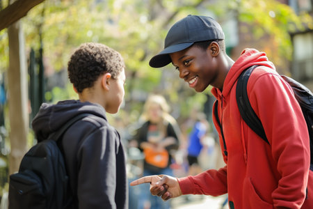 Two Young Friends Playfully Engaging in Conversation Outdoors During Sunny Autumn Afternoonの素材