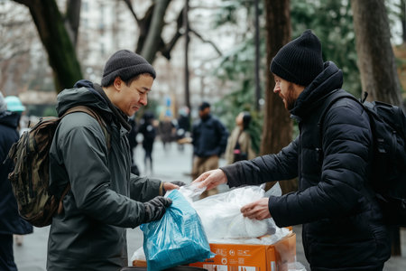 Two Men Exchanging Bags in a Busy Urban Park on a Cold Dayの素材