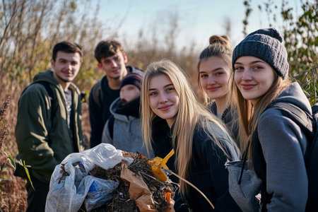 Youth Volunteers Engaging in Community Cleanup Activity at a Local Park on a Sunny Dayの素材