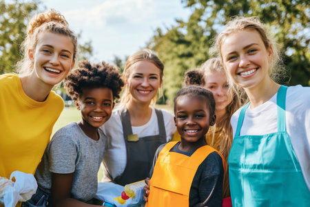Smiling Volunteers and Children Participate in Outdoor Community Cleanup Activity on Sunny Afternoonの素材