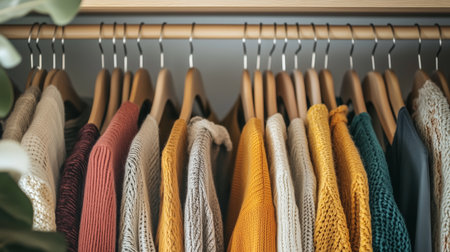 Colorful Collection of Sweaters Hung Neatly in a Wooden Closet During Daylight Hoursの素材