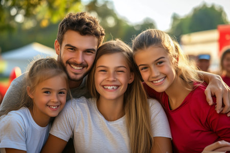 Happy Family Group Enjoying The Outdoors Together During A Sunny Day In The Parkの素材