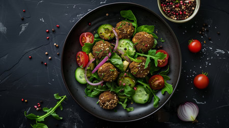 Delicious Vegetarian Falafel Salad Served on a Black Plate With Fresh Vegetables and Spicesの素材