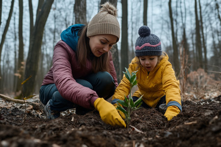 Mother and Child Planting Young Tree Seedling in Forest During Early Spring Morningの素材