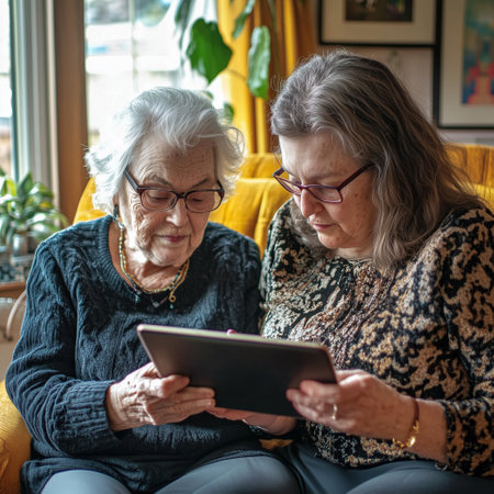 Two Women Engaged in Tablet Activity While Sitting Together in Cozy Living Roomの素材