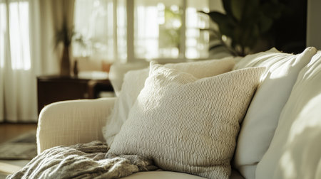 Cozy Indoor Living Space Featuring Soft Cushions and Natural Light During Afternoon Hoursの素材